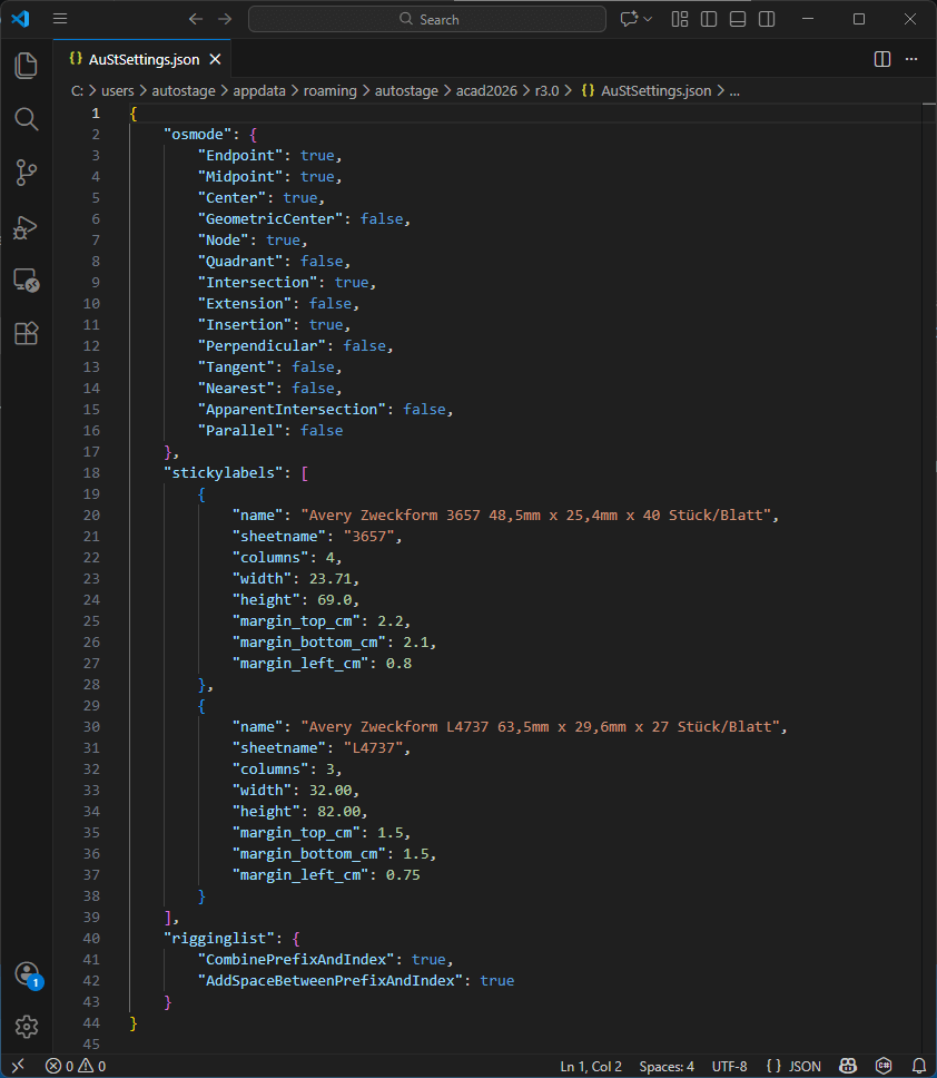 Ansicht der Einstellungsdatei im Editor
