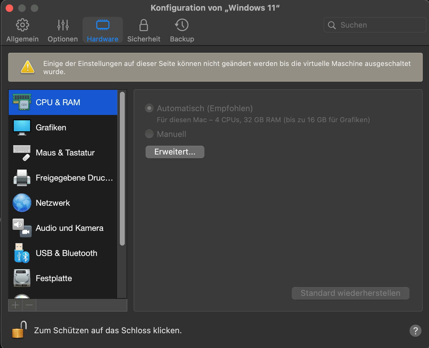 Hardwareeinstellung der virtuellen Maschine