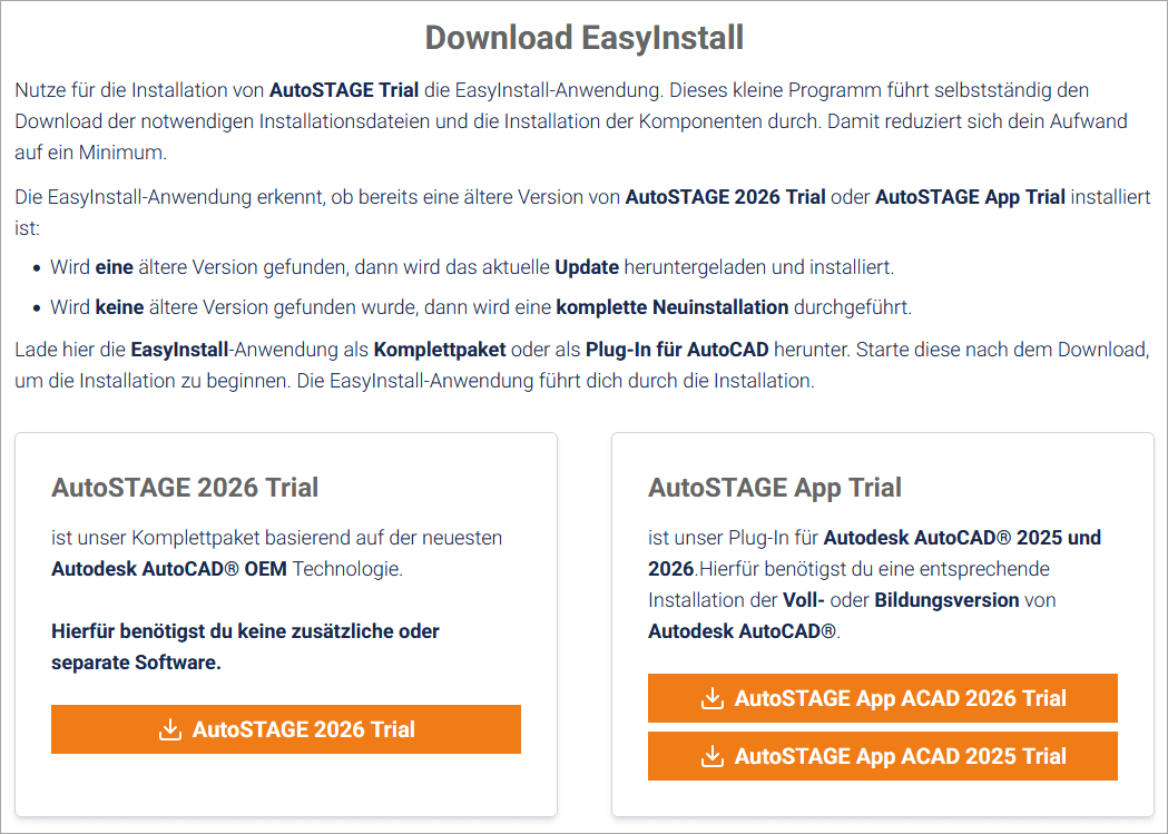 Herunterladen von EasyInstall für AutoSTAGE Trial