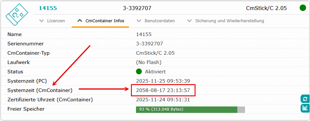 Fehlerhafte Anzeige der Zeit im Lizenzcontainer auf dem Dongle