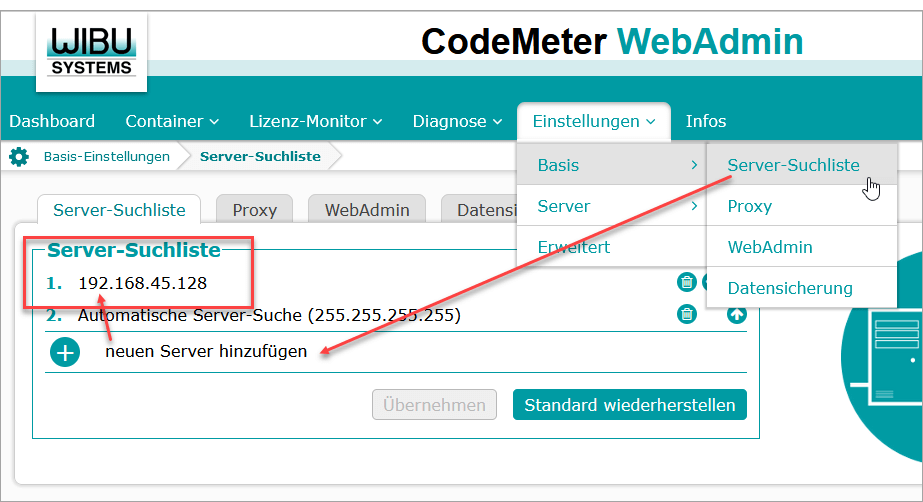 IP-Adresse eines oder mehrerer Lizenzserver zur Serversuchliste hinzufügen