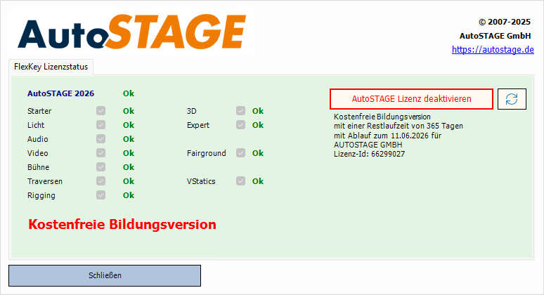 Anzeige des Lizenzstatus der Bildungsversion im Lizenzdialog