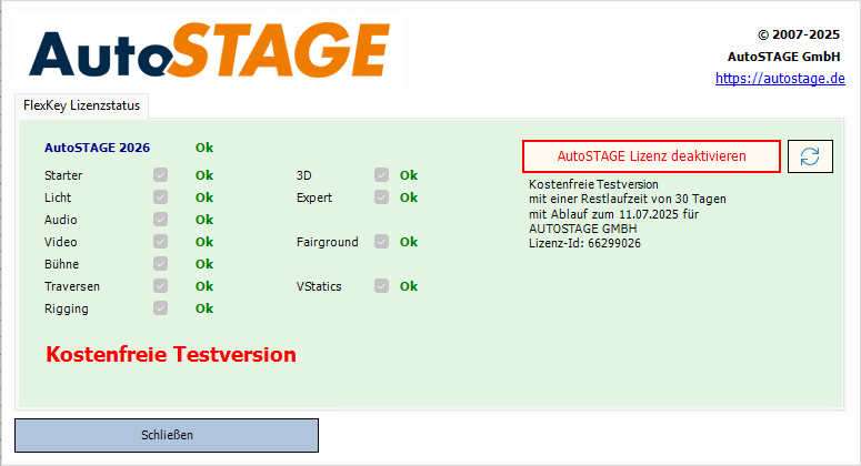 Anzeige des Lizenzstatus der Testversion im Lizenzdialog