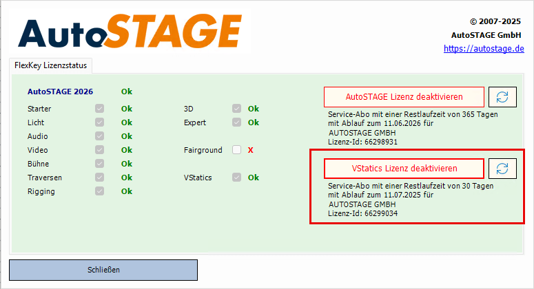 Anzeige des Lizenzstatus von VStatics im Lizenzdialog