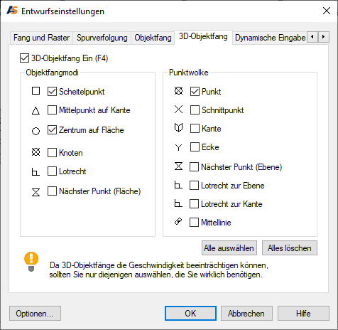 Einstellungen 3D-Objektfang