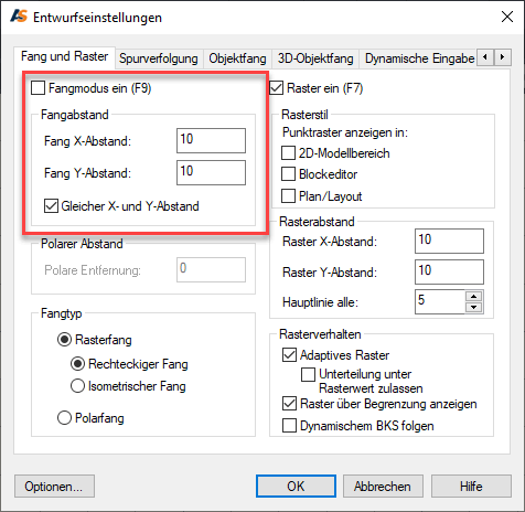 Fangeinstellungen