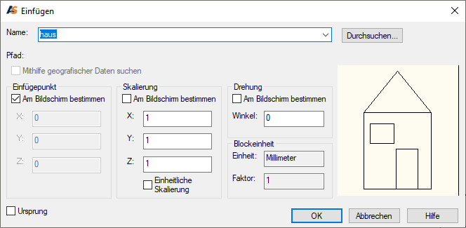 Dialogfenster für das Block einfügen mit KLASSISCHEINFÜG