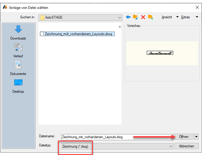 Vorhandenes Layout aus DWG-Vorlage laden
