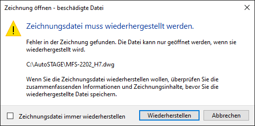 Öffnen einer beschädigten Datei