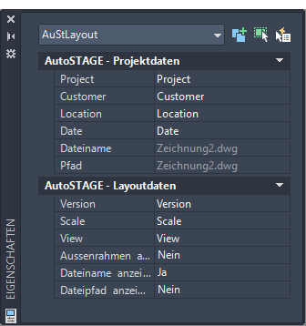 Ansicht der Felder des Zeichnungsrahmen