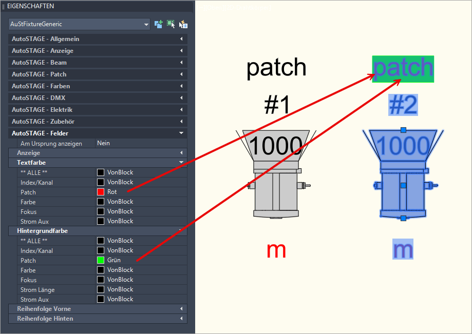 Textfarbe und die Farbe des Texthintergrunds für Scheinwerfer einstellen