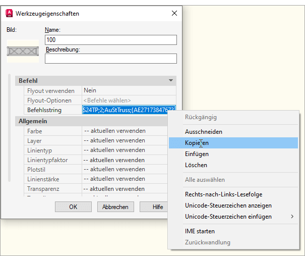 Eigenschaften eines Symbols in der Werkzeugpalette