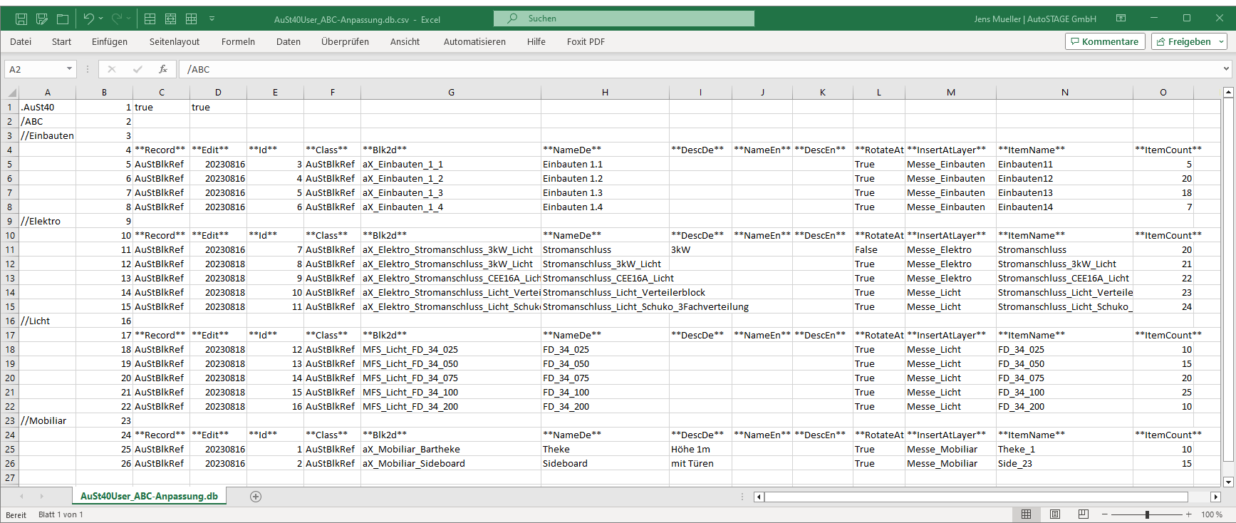Öffnen der erzeugten CSV-Datei nach dem Export mit Excel