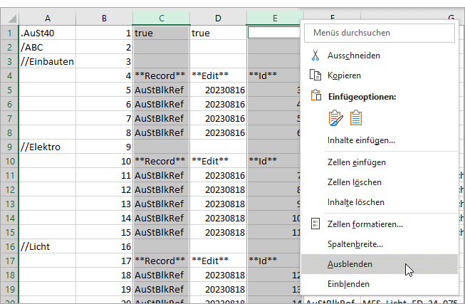 Spalten ausblenden