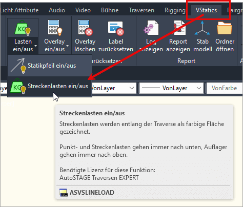 Ein- und Ausschalten der Visualisierung der Streckenlast an der Traverse