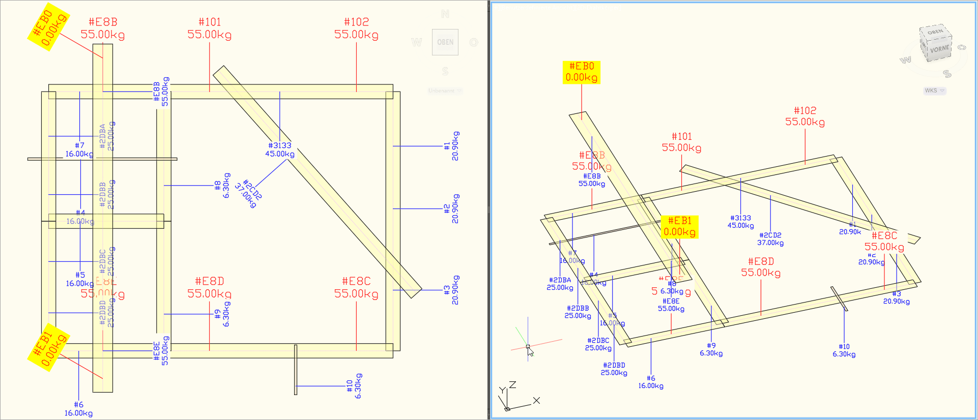 Beispielansicht für ein Stabmodell in Kilogramm (kg)