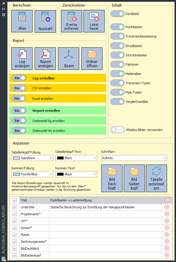 Ansicht der Reportpalette von VStatics