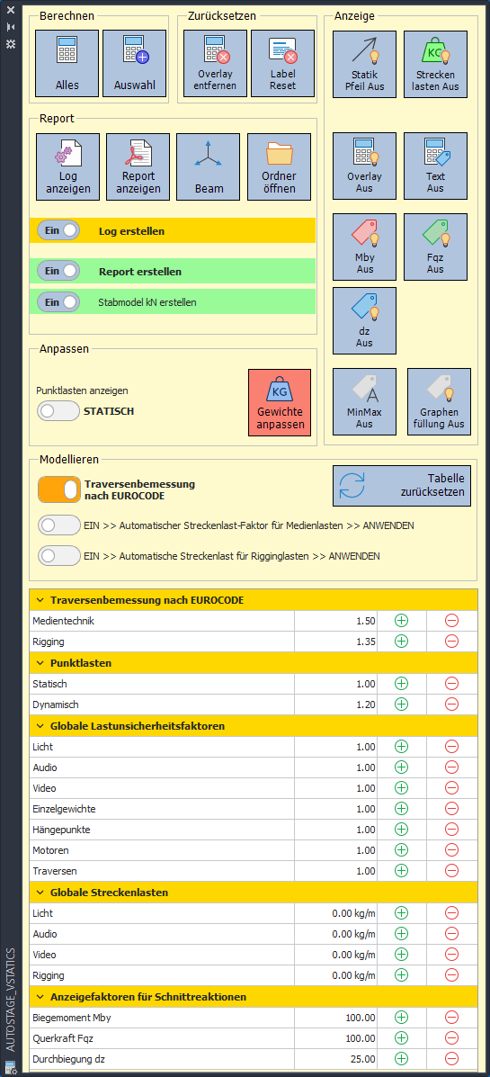 Ansicht der Einstellungspalette von VStatics