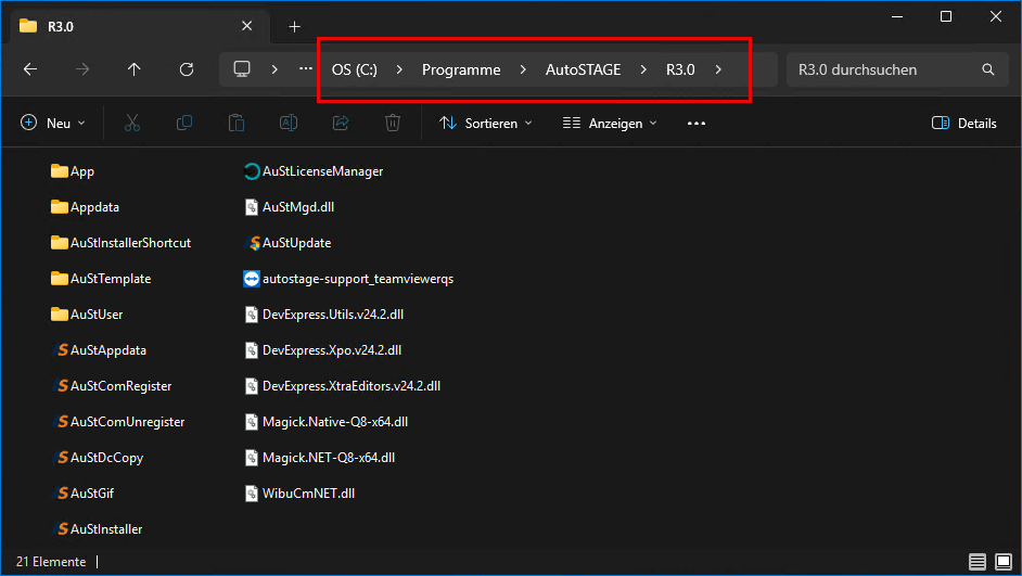 Windows Explorer mit Anzeige des Installationspfads