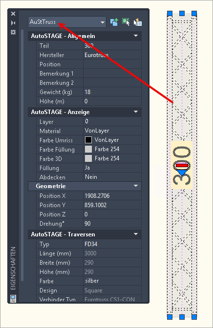 Anzeige der Eigenschaften des AutoSTAGE-Objekts