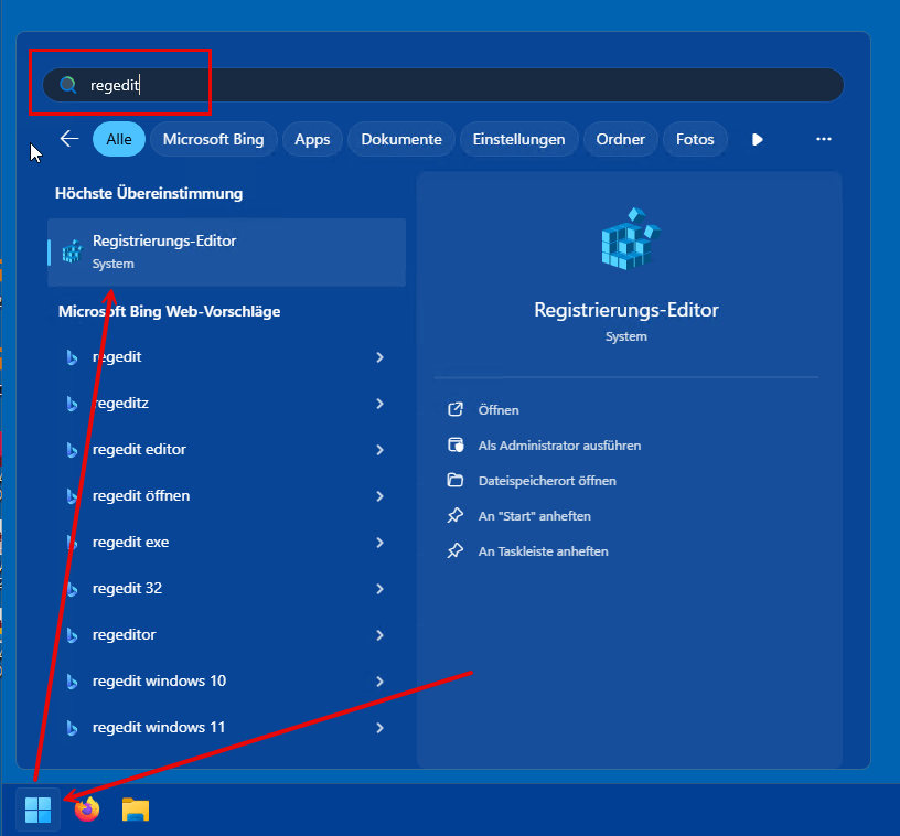 Regedit öffnen über das Windows Startmenü