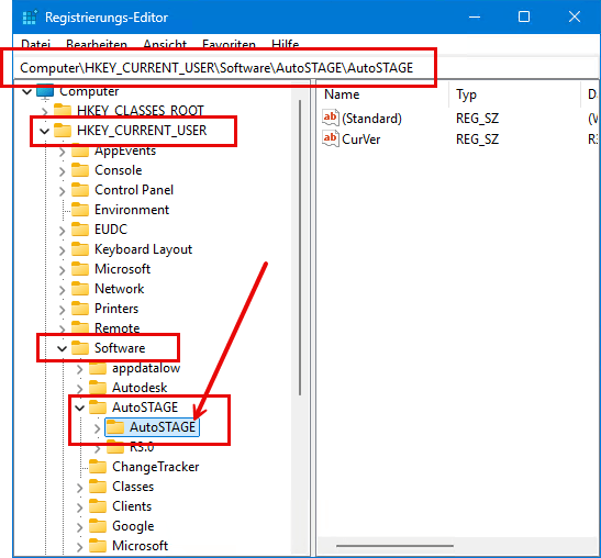 Registrierungs-Editor mit Anzeige des AutoSTAGE-Ordners