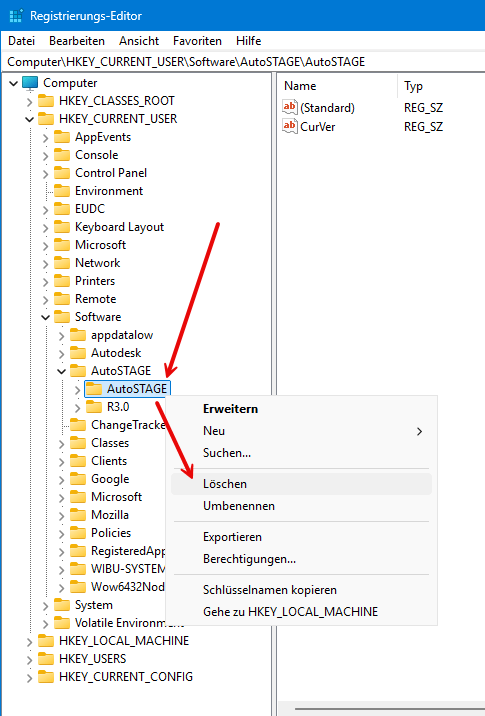Löschen des AutoSTAGE-Ordners