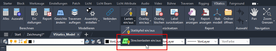 VStatics Lastanzeige für Streckenlasten ein- und ausschalten